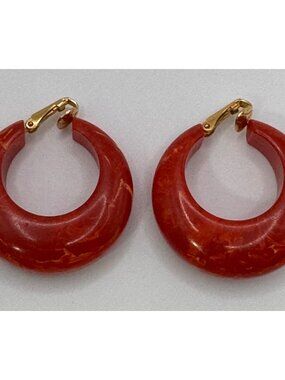Vintage Red Bakelite Hoop Earrings Marbled Clip On Chunky Retro Jewelry